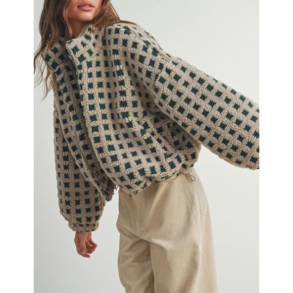 Women  green Cropped Sherpa Fleece Plaid Jacket Chunky Outerwear - Picture 6 of 7